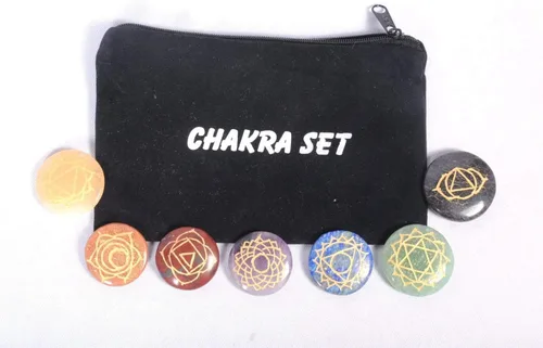 Miniatura 9 de Jet 7 Chakra Reiki Set Grabado Redondo para Curar Chakra Equilibrio Meditación, Vibraciones Positivas