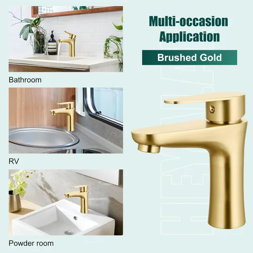 Miniatura 3 de Heyalan Grifo de lavabo de baño dorado cepillado, grifo de tocador de un solo orificio con drenaje desplegable, mangueras de agua fría y caliente