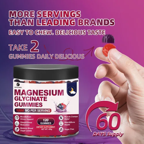 Miniatura 7 de 120 unidades de gomitas de glicinato de magnesio de 1000 mg para mujeres y hombres, suplementos de malato de magnesio y taurato para dormir, apoyo