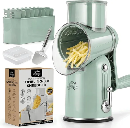 Rallador de queso rotativo 5 en 1 con manivela – Rallador de verduras multifuncional, triturador de nueces y queso – Rallador de alimentos fácil de