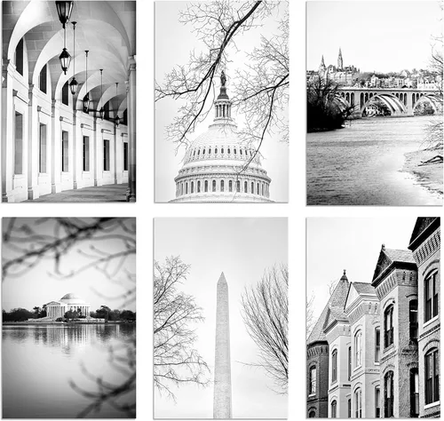 Washington DC Art - Juego de 6 impresiones fotográficas de 8 x 10 pulgadas, sin marco, fotografía en blanco y negro con el monumento Jefferson, el
