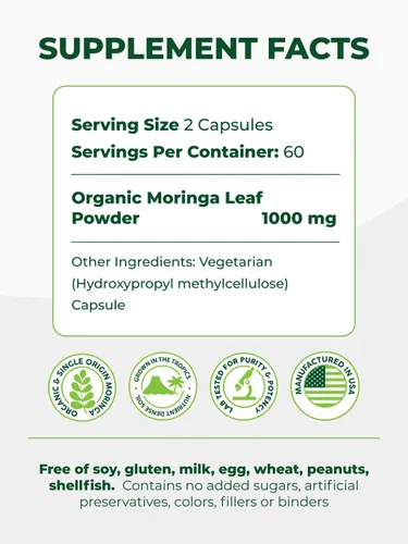 Miniatura 4 de PURA VIDA MORINGA Cápsulas de polvo de Moringa de origen único orgánico. Hoja pura de Moringa. Energía, metabolismo y apoyo inmunológico. 120