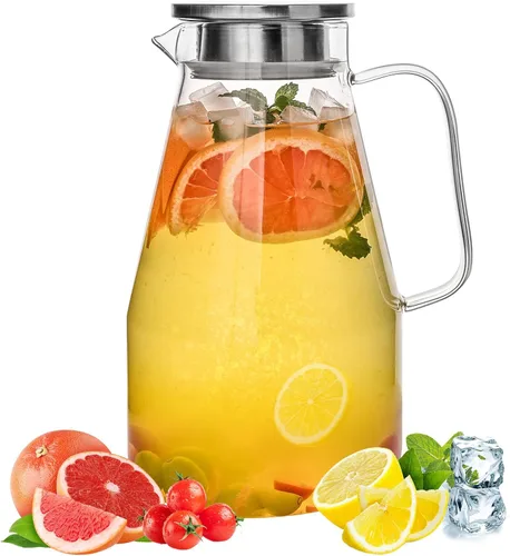 Jarra de vidrio con tapa, jarra de agua de vidrio de 1 galón jarra de agua caliente/fría, jarra para bebidas de jugo y té helado con tapa (boca
