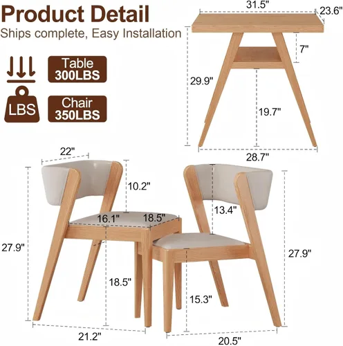 Juego de mesa de comedor bistró de madera maciza, 3 piezas, mesa de comedor para patio al aire libre, juego de 2 con sillas tapizadas, silla
