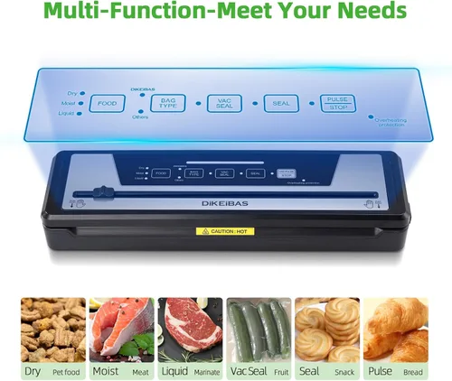 Miniatura 11 de Máquina selladora al vacío DIKEIBAS con 10 bolsas y rollo de bolsa de 10 pies Potente succión de 85kPa Sellador automático de alimentos