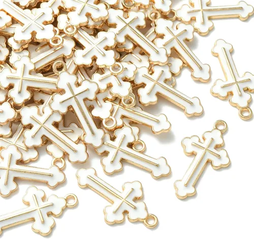 Miniatura 9 de KitBeads 100 dijes de cruz blanca esmaltada, religión, Cristo Jesús, Crucifijo para hacer joyas, pulseras, collares, aretes, manualidades a granel