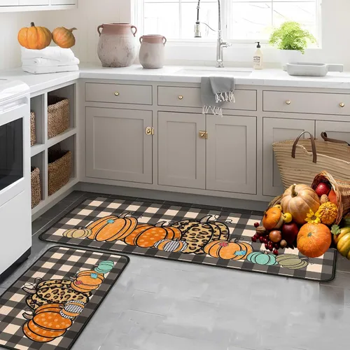 Miniatura 9 de Juego de 2 alfombras y tapetes de cocina de otoño, alfombras de cocina de Acción de Gracias, con respaldo antideslizante, decoraciones de otoño