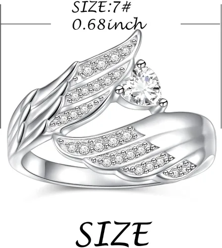 Miniatura 7 de Anillo de plata de ley 925 con alas de ángel y circonita cúbica gran pluma joyería para mujer