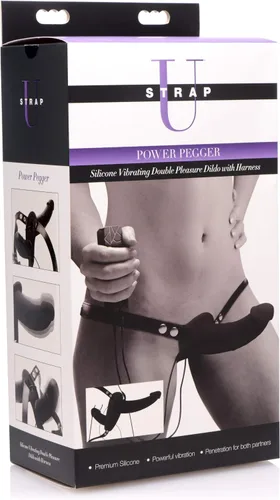 Miniatura 4 de Power Pegger - Consolador doble vibrador de silicona negra con arnés