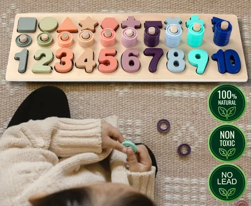 Miniatura 8 de BEKILOLE Juguetes de madera Montessori para niños pequeños: rompecabezas de números, clasificador de formas, juego de apilamiento para contar, Arcoír
