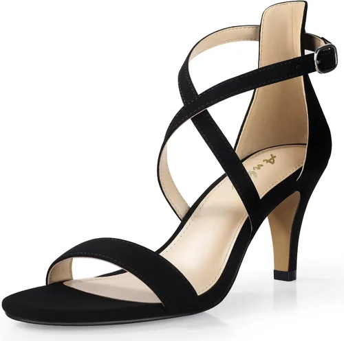 Ankis Tacones negros y dorados de color nude para mujer, tacón de aguja de 3 pulgadas, sandalias de punta abierta para boda, fiesta de noche,