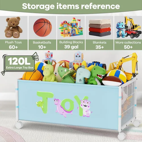Miniatura 2 de Caja grande de juguetes para niños con ruedas, 120L Cajas de juguetes para niños extra grandes de metal y tela Oxford, cofre de juguetes organizador