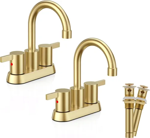 Miniatura 12 de Grifo de baño sin plomo de 4 pulgadas con 2 manijas de oro cepillado centrado, boquilla giratoria con drenaje emergente de cobre y 2 líneas
