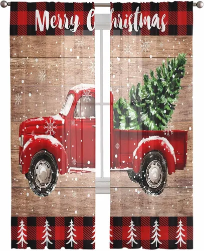 Miniatura 18 de Cortinas traslúcidas para camión rojo de Navidad de 45 pulgadas de largo, juego de 2 paneles de tablero de madera retro rústico con cuadros