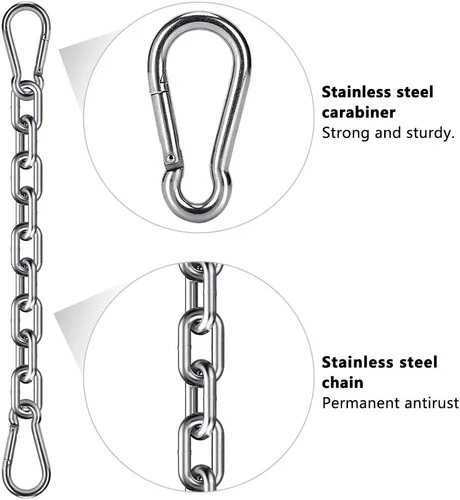Miniatura 2 de Juego de 2 cadenas para saco de boxeo y 4 mosquetones, de acero inoxidable resistente, kit de cadena de silla colgante para hamaca para interiores
