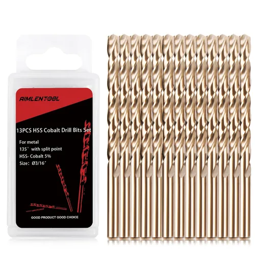 Miniatura 10 de Juego de 13 brocas de cobalto, M35 HSS, SAE (1/16 - 1/4 pulgadas), punta de 135°, kit de brocas de longitud de giro para metal endurecido, acero