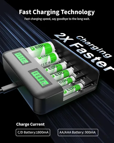 Miniatura 4 de EBL Paquete de 4 baterías recargables D de 1.2 V 10000 mAh de alta capacidad con cargador de batería inteligente LCD para baterías recargables Ni-MH