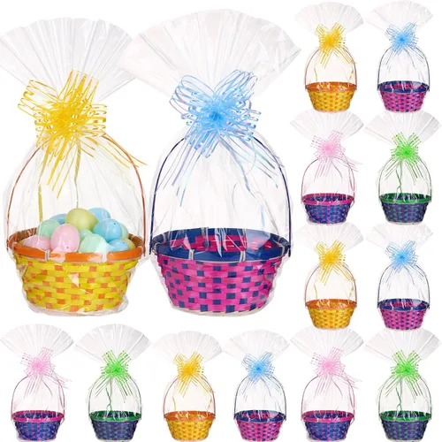Miniatura 8 de Weysat Juego de 12 cestas de Pascua de bambú a granel, con asa redonda tejida transparente, bolsa de envoltura, lazo de conejo, papel de vidrio