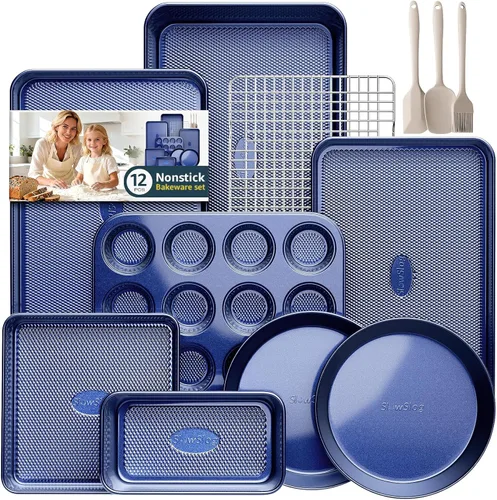 Miniatura 10 de Juego de 12 piezas para hornear antiadherente, juegos de utensilios para hornear no tóxicos con bandeja para hornear, molde para tartas, molde