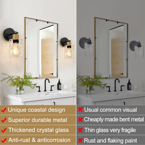 Miniatura 5 de MOKATNG Juego de 2 apliques de pared para baño, luces de tocador modernas costeras con pantalla de cristal, lámpara de pared negra para espejo