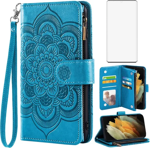 Asuwish Compatible con Samsung Galaxy S21 Ultra Glaxay S21ultra 5G - Funda tipo cartera y protector de pantalla de vidrio templado para Gaxaly 21S S
