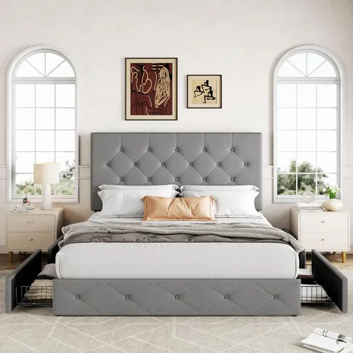 Miniatura 3 de Allewie - Marco de cama tapizado tamaño Queen con plataforma, 4 cajones de almacenamiento y cabecera, base de colchón tapizada con botones cosidos