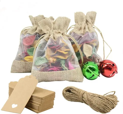 Miniatura 9 de GIOIPC 20 bolsas transparentes de arpillera de lino de 5 x 7 pulgadas con cordón y etiquetas de regalo adicionales para boda y cumpleaños, bolsas