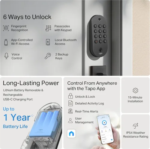 Miniatura 2 de Tapo - Cerradura inteligente de puerta con cerradura de perilla Wi-Fi - Reconocimiento de huellas dactilares, botones táctiles sin llave y monitoreo