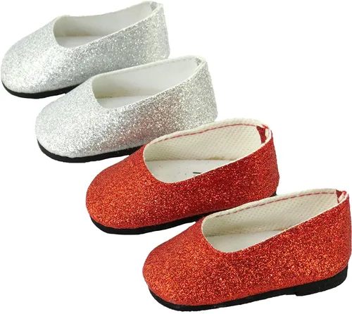 Miniatura 10 de American Fashion World Zapatos planos con lazo de diamante metálico rosa intenso, lavanda y verde azulado para muñecas de 14 pulgadas, paquete de 3