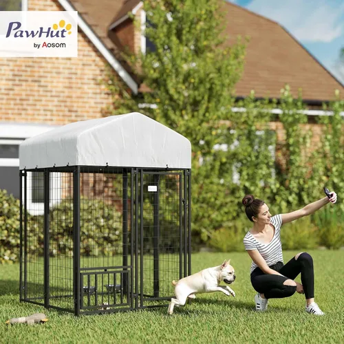 Miniatura 2 de PawHut Jaula de 4' x 4' x 6' para perros al aire libre, Jaula de alambre soldado para perros con rotación de 360° y cuencos ajustables de 4 niveles