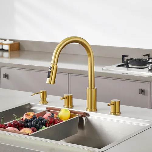 Miniatura 4 de Tohlar Grifo de cocina de 4 agujeros, grifo de cocina dorado cepillado con dispensador de jabón y rociador extraíble, 3 modos, grifo de fregadero