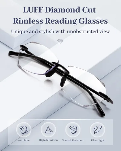 Miniatura 6 de LUFF Rimless Reading Glasses for Women Men,Lightweight Classic Stylish Diamond Cut Edge Blue Light Readers,Anti Eyestrain