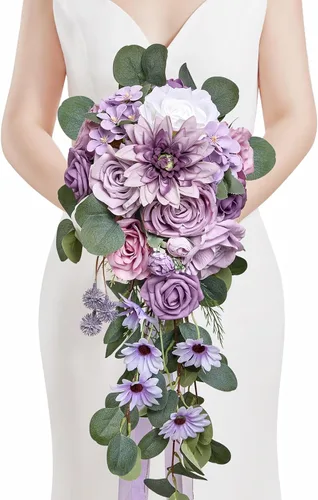 Miniatura 18 de Serwalin Ramos de boda de 9.8 pulgadas para novia y dama de honor, peonías rosa empolvado, ramos de flores de novia para boda, ramo de lanzamiento