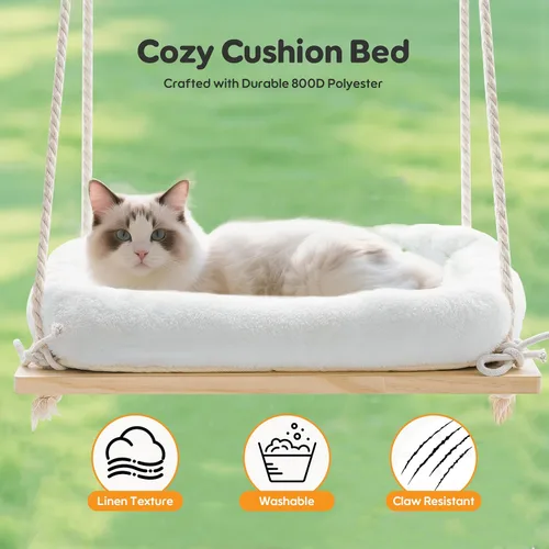 Miniatura 6 de Percha para ventana de gato, hamaca para ventana para gatos con asiento de madera maciza, 4 ventosas resistentes, cojín de felpa, cama