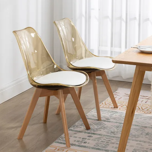 Miniatura 4 de Juego de 2 sillas de comedor transparentes, modernas sillas de comedor de acrílico con cojines de piel sintética y patas de madera, sillas laterales