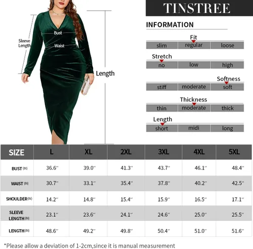 Miniatura 6 de TINSTREE Vestido ajustado de terciopelo de manga larga para mujer, talla grande, sexy, fruncido, cuello en V profundo, vestido de cóctel para fiesta