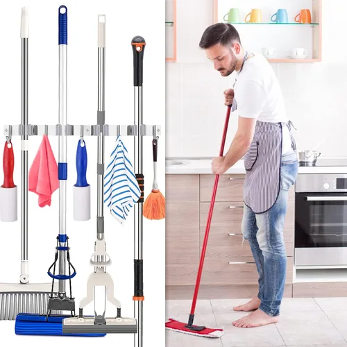 Miniatura 6 de Soporte para trapeador de escoba de montaje en pared, organizador de metal para almacenamiento de garaje, jardín, cocina, herramientas con 4