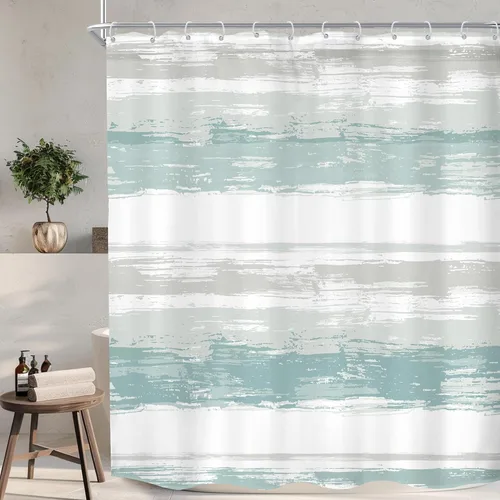 Miniatura 16 de KOMLLEX Cortina de ducha abstracta azul para decoración de baño, 72 pulgadas de ancho x 72 pulgadas de alto, moderna, a rayas blancas y grises