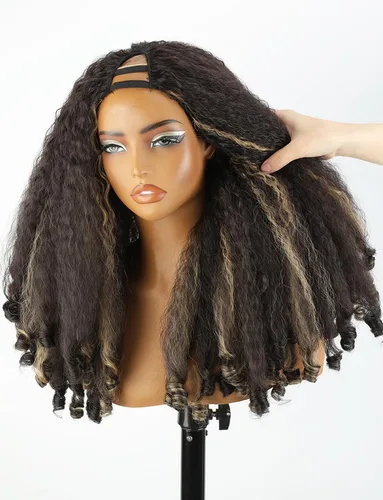 Miniatura 9 de SOKU Nueva peluca rizada afro con diadema, textura de cabello sintético trenzado con rizos únicos en el extremo, negro de 20 pulgadas, pelucas