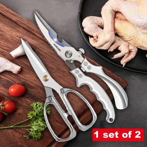 Miniatura 5 de Paquete de 2 tijeras de cocina, tijeras de acero inoxidable resistentes para carne de aves de corral multiusos para cocinar, aptas para lavavajillas