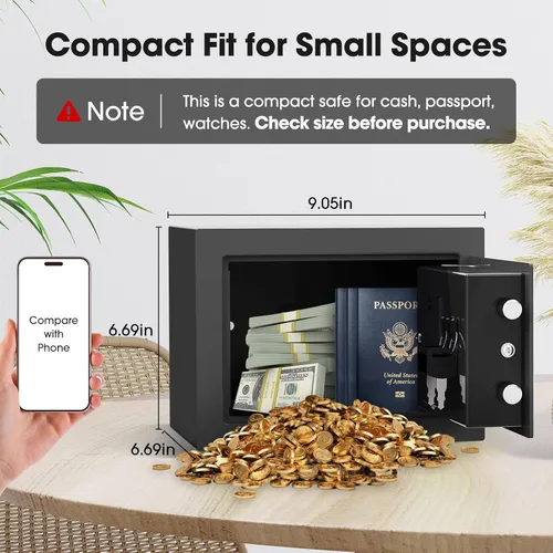 Miniatura 2 de Goldenkey Pequeña caja fuerte para dinero, mini caja de seguridad digital con llaves y código para dinero en efectivo y monedas, caja fuerte