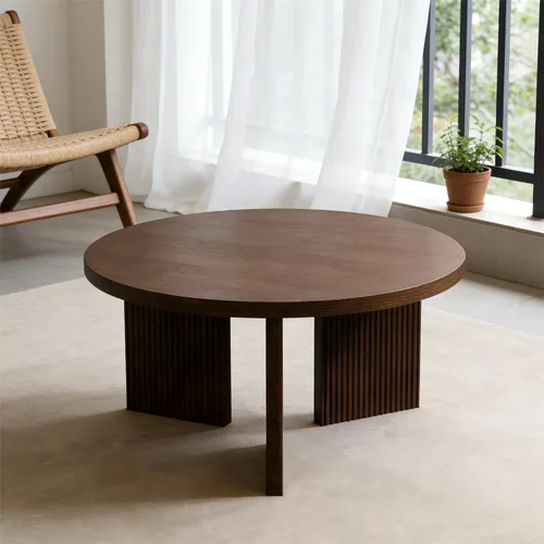 Mesa de café redonda de madera, mesa de café de 35" con mesa gruesa y lisa, mesa central baja circular con patas estables en forma de X, mesa de té