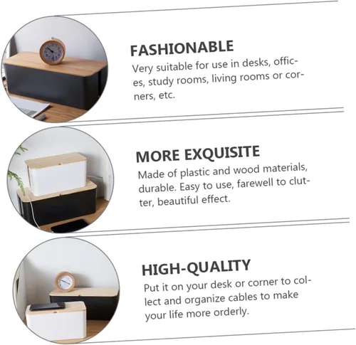 Miniatura 3 de Cable Storage Box with Natural Wood Lid Medium Black Power Line Organizer Household Wire Storage Case for Charging Cables and Socket Management for