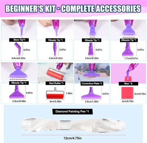 Miniatura 6 de Juego de herramientas de accesorios de pintura de diamante, 15 bolígrafos de arte actualizados, puntas de hilo con rodillo anticaídas, cera