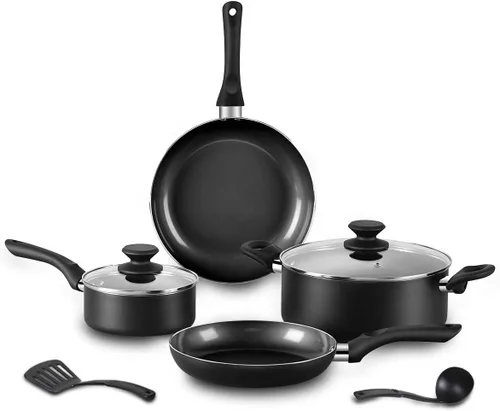 BECIGAR Juego de 8 piezas de ollas y sartenes de cerámica negra, juego de sartenes de cocina, juego de ollas de cocina, juego de sartenes de