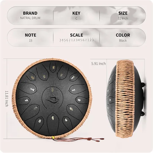 Miniatura 4 de Tambor de Lengua de Acero, 12 Pulgadas 15 Notas Tambores de Lengua, Tambores Handpan Instrumento de Percusión para Niños y Adultos, Tambor de Mano
