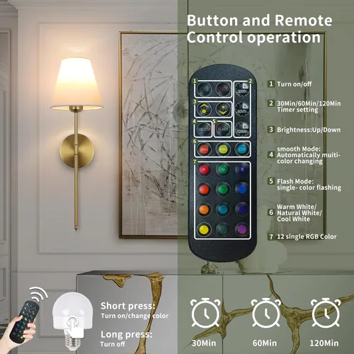 Miniatura 6 de Juego de 2 apliques de pared con pilas, 15 colores inalámbricos con control remoto regulable que dura de 18 a 50 horas, lámpara de pared recargable