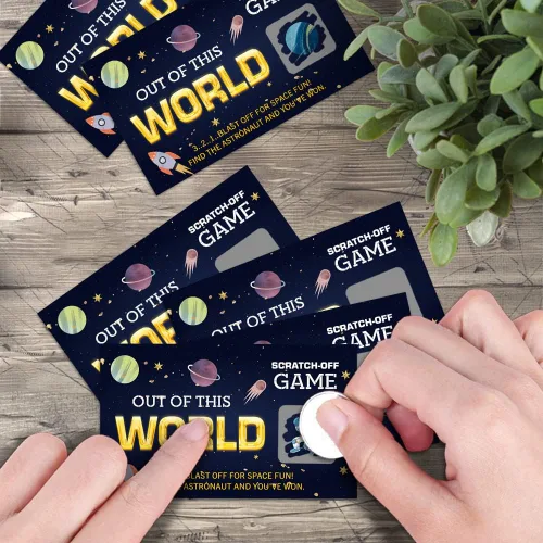 Miniatura 5 de Haizct 50 tarjetas para raspar fuera del mundo, juego de rascar espacial para fiesta de cumpleaños, decoraciones de baby shower, rafa de cohete