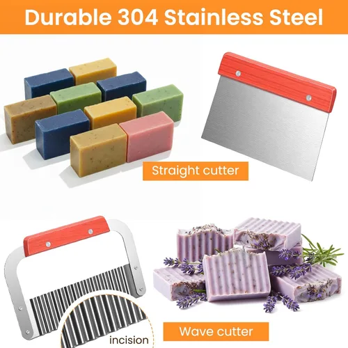 Miniatura 4 de Kit de 2 moldes rectangulares de jabón para pan con caja de madera, molde de silicona flexible de 42 onzas, cortador de acero inoxidable ondulado