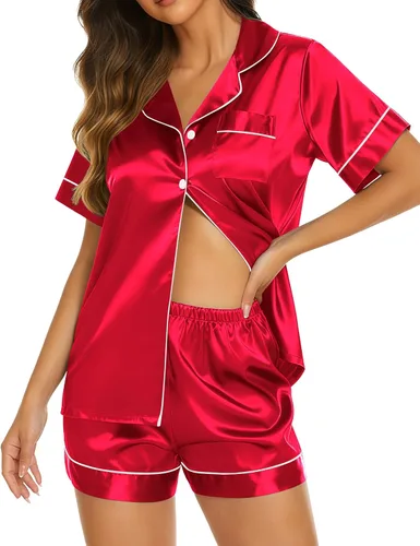 Miniatura 10 de Ekouaer Pijamas de seda para mujer, ropa de dormir de manga corta, suave, con botones, ropa de descanso, 2 piezas, pijama de satén, conjunto